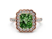 Fancy Green Radiant Cut Diamond Milgrain Floral Halo Engagement Ring Set in Rose gold with Pavé Band