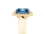 Fancy Blue Asscher Cut Diamond Halo Ring Set in Yellow gold with Cathedral Band and Prong Setting