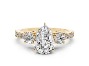 Three-Stone Pear Cut Diamond Pavé Band Ring Set in Yellow gold with Prong Setting