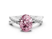 Fancy Pink Oval Cut Diamond Twist Band Solitaire Set in Platinum with Pavé Accents and Prong Setting