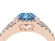 Fancy Blue Cushion Cut Diamond Halo Ring Set in Rose gold with Pavé Split Shank and Prong Setting