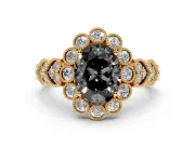 Oval Scalloped Halo Engagement Ring Setting for a Black Center | Heart Pavé Band | Yellow Gold