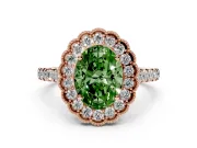 Fancy Green Oval Cut Diamond Milgrain Floral Halo Engagement Ring Set in Rose gold with Pavé Band