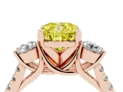 Fancy Yellow Three-Stone Cushion Cut Diamond Pavé Band Ring Set in Rose gold with Prong-Set Trio