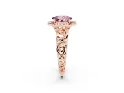 Fancy Pink Oval Cut Diamond Halo Ring Set in Rose gold with Scrollwork Band and Prong Setting