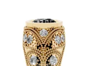 Fancy Black Round Cut Diamond Bezel Ring Set in Yellow gold with Milgrain Accent Band