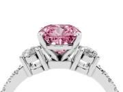 Fancy Pink Three-Stone Cushion Cut Diamond Pavé Band Ring Set in Silver with Prong Setting