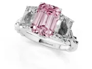 Fancy Pink Emerald Cut Diamond Three-Stone Ring Set in Platinum with Braided Band