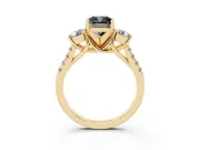 Fancy Black Three-Stone Cushion Cut Diamond Pavé Band Ring Set in Yellow gold with Prong-Set Trio
