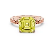 Fancy Yellow Asscher Cut Diamond Solitaire Ring Set in Rose gold with Milgrain and Black Enamel X Pattern Band