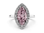 Fancy Pink Marquise Cut Diamond Halo Solitaire Ring Set in Platinum with Pavé Band and Prong Setting