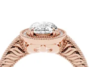 Oval Cut Diamond Halo Ring Set in Rose gold with Round Accent Halo, Pavé Band and Prong Setting