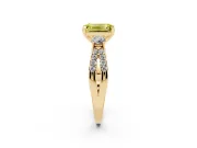 Fancy Yellow Emerald Cut Diamond Three-Stone Ring Set in Yellow gold with Pavé Split Shank and Prong Setting