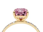 Fancy Pink Radiant Cut Diamond Solitaire Ring Set in Yellow gold with Round Pavé Band and Prong Setting