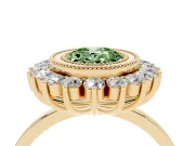 Fancy Green Oval Cut Diamond Halo Ring Set in Yellow gold with Milgrain Edge and Round Prong Setting