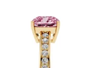 Fancy Pink Cushion Cut Diamond Pavé Band Prong Set Solitaire Ring Set in Yellow gold