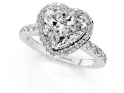 Heart Cut Diamond Halo Engagement Ring Set in White gold with Milgrain Detail and Pavé Band