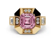 Fancy Pink Asscher Cut Diamond Milgrain Halo Ring Set in Yellow gold with Split Shank