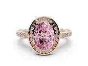 Fancy Pink Oval Cut Diamond Halo Pavé Split Shank Ring Set in Rose gold with Prong Setting