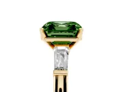 Fancy Green Asscher Cut Diamond Solitaire Ring Set in Yellow gold with Tapered Baguette Side Stones and Prong Setting