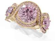 Round Three Stone Halo Engagement Ring Setting for a Fancy Pink Lab-Grown Diamond | Pavé Wave Band | Yellow Gold