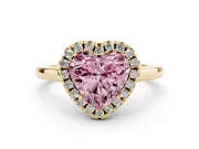 Fancy Pink Heart Cut Halo Round Diamond Solitaire Ring Set in Yellow gold with Pavé Band and Prong Setting