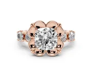 Cushion Cut Floral Engagement Ring Setting | Petal Frame and Side Stones | Rose Gold