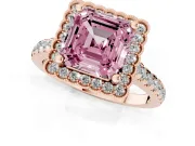 Fancy Pink Asscher Cut Diamond Milgrain Floral Halo Engagement Ring Set in Rose gold with Pavé Band