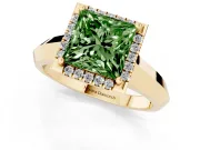 Fancy Green Princess Cut Diamond Halo Ring Set in Yellow gold with Cathedral Band and Prong Setting