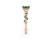 Fancy Green Emerald Cut Diamond Solitaire Ring Set in Rose gold with Ribbon Twist Band, Round Accents and Prong Setting
