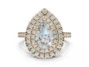 Pear-Shaped Lab-Grown Diamond Double Halo Statement Ring Set in Yellow Gold with Pavé Band