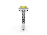 Fancy Yellow Radiant Cut Diamond Halo Ring Set in White gold with Round Accent Halo, Pavé Band and Prong Setting