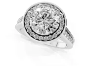Round Cut Diamond Halo Solitaire Ring Set in Platinum with Pavé Band and Bezel Setting