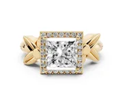 Princess Cut Floral Halo Engagement Ring Setting | Leaf Shoulders | Yellow Gold
