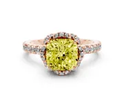Fancy Yellow Cushion Cut Diamond Halo Pavé Band Ring Set in Rose gold with Prong-Held Center