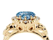 Fancy Blue Heart Cut Diamond Halo Ring Set in Yellow gold with Scrollwork Band and Prong Setting