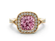 Fancy Pink Cushion Cut Diamond Halo Engagement Ring Set in Yellow gold with Milgrain Pavé Band