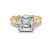 Asscher Cut Diamond Filigree Halo Engagement Ring Set in Yellow gold with Prong Setting