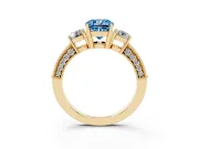 Fancy Blue Cushion Cut Diamond Three-Stone Ring Set in Yellow gold with Round Side Stones and Pavé Band