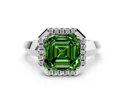 Fancy Green Asscher Cut Diamond Halo Ring Set in White gold with Cathedral Band and Prong Setting