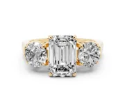 Emerald Cut Three Stone Engagement Ring Setting | Round Side Stones and Open Baskets | Yellow Gold