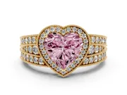Fancy Pink Heart Cut Diamond Halo Ring Set in Yellow gold with Accent Split Shank and Prong Setting