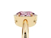 Fancy Pink Oval Cut Diamond Halo Engagement Ring Set in Yellow gold with Plain Split Shank and Prong Setting