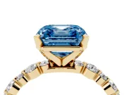 Fancy Blue Asscher Cut Diamond Prong Set Engagement Ring Set in Yellow gold with Round Accent Pavé Band