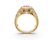 Fancy Pink Round Cut Diamond Bezel Ring Set in Yellow gold with Milgrain Accent Band