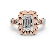 Emerald Cut Floral Engagement Ring Setting | Petal Frame and Side Stones | Rose Gold