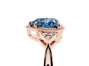 Fancy Blue Heart Cut Diamond Milgrain Solitaire Ring Set in Rose gold with Tapered Pavé Band and Prong Setting