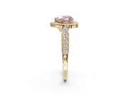 Fancy Pink Heart-Shaped Lab-Grown Diamond Milgrain Halo Solitaire Ring Set in Yellow Gold with Bezel Set Side Stones and Pavé Band