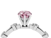 Fancy Pink Pear Cut Diamond Solitaire Ring Set in Platinum with Bezel Set Side Stones and Prong Setting