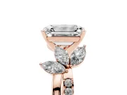 Emerald Cut Diamond Floral Vine Solitaire Engagement Ring Set in Rose gold with Marquise Leaves